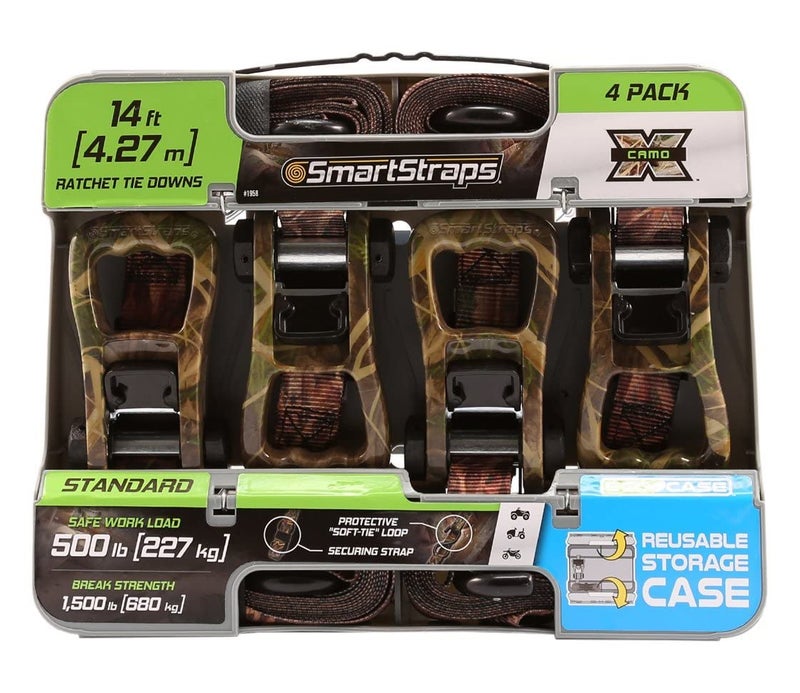 SmartStraps 14â€™ Camo X Ratchet Straps, 4 Pack â€” Standard Duty Camo Ratchet Straps, 1,500lb Break Strength, 500lb Safe Work Load â€” Haul Dirt Bikes, ATVs, and Lawn Tractors with Patented Technology